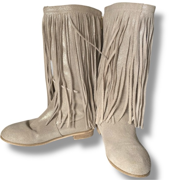 Joyfolie Willowbark Fringe Boots Youth Knee-High Suede Faux Fur Lining Cowgirl - Picture 2 of 11